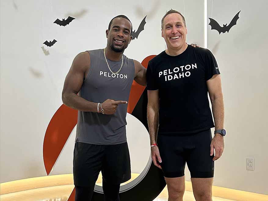 Alex Toussaint and Dr. Geoff Emry at the Peloton studio in New York City