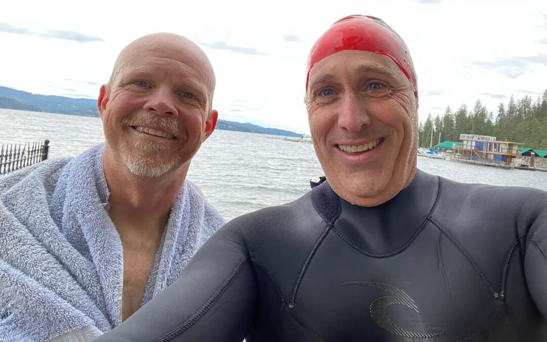 Kip Taylor, left, and Dr. Geoff Emry after a recent chilly swim at Sanders Beach